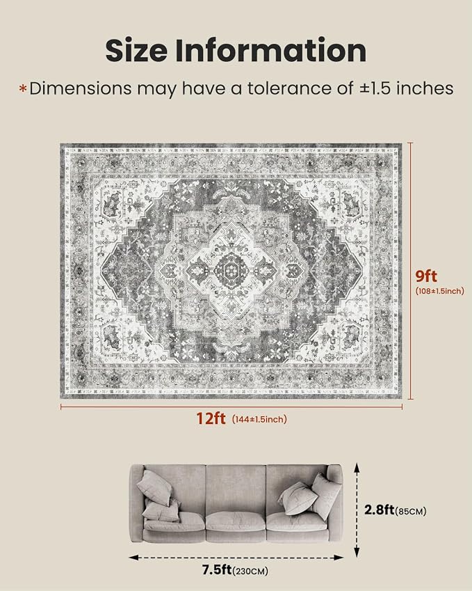 AMADA HOMEFURNISHING 9x12 Area Rug, Washable Low-Profile Large Area Rug with Non-Slip Backing & Durable Edge Binding, Vintage Large Rugs for Living Room, Bedroom