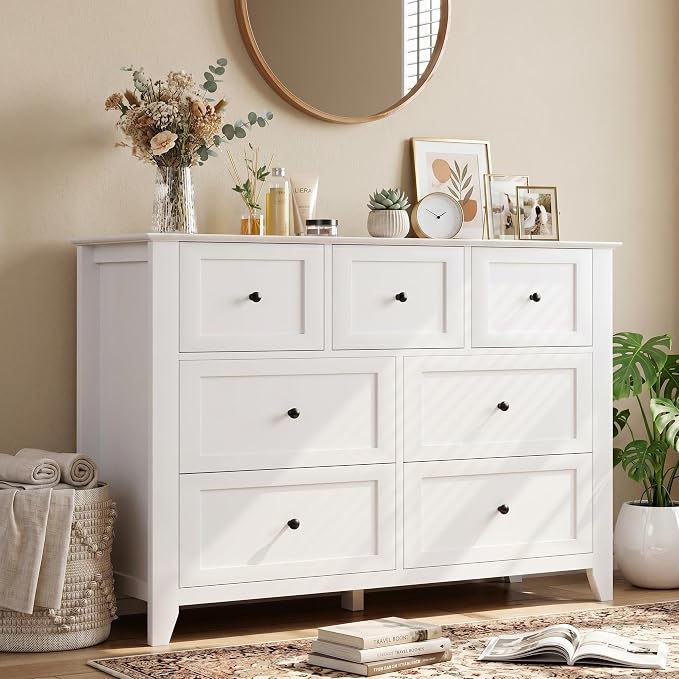 Garvee White 7-Drawer Dresser for Bedroom, 54" Entryway Storage Organizer | Modern Lacquered Chest of Drawers for Bedroom, 15.8"D x 54"W x 31.5"H, MDF
