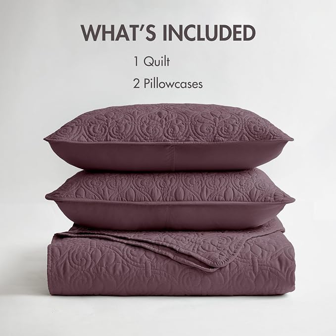 Madison Park Luxurious Cotton Damask Quilt Set, 3PC King/Cal King Bed Set | All Season, Lightweight Stitching Coverlet Bedspread Bedding Stitching with Shams, Purple