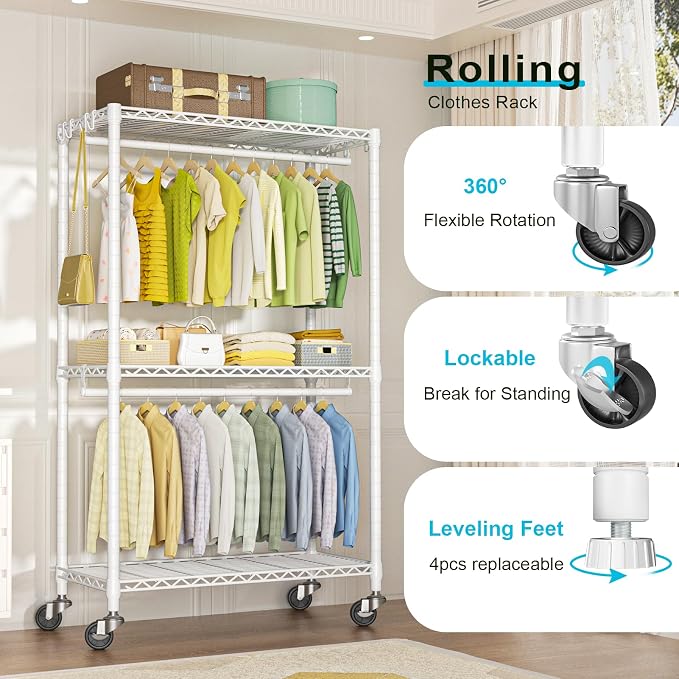 FUTASSI Rolling Clothes Rack, Clothing Racks for Hanging Clothes, White | P3 Heavy Duty Garment Rack with Wheels, Freestanding Portable Closet Racks 39.4'' W x 14'' D x 78.5'' H, Max Load 470 LBS