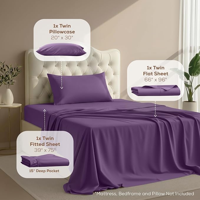 Twin Sheets Set, 3 Pieces 16" Deep Pocket Hotel Luxury Bedsheets, Egg Plant | Extra Soft Bedsheet Set, Comfy & Breathable Cooling Sheets, Wrinkle & Fade Resistant, Fitted Sheet, Flat Sheet, 1 Pillowcase