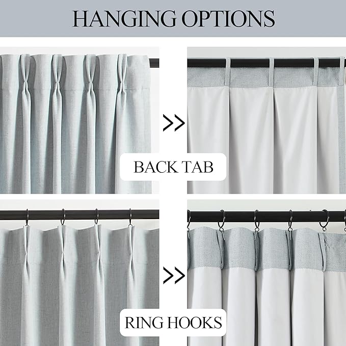 Vision Home Blue Fog Pinch Pleated Full Blackout Curtains Linen Blended Room Darkening Window Curtains 72 inch for Living Room Bedroom Thermal Insulated Pinch Pleat Drapes with Hooks 1 Panel 60"Wx72"L