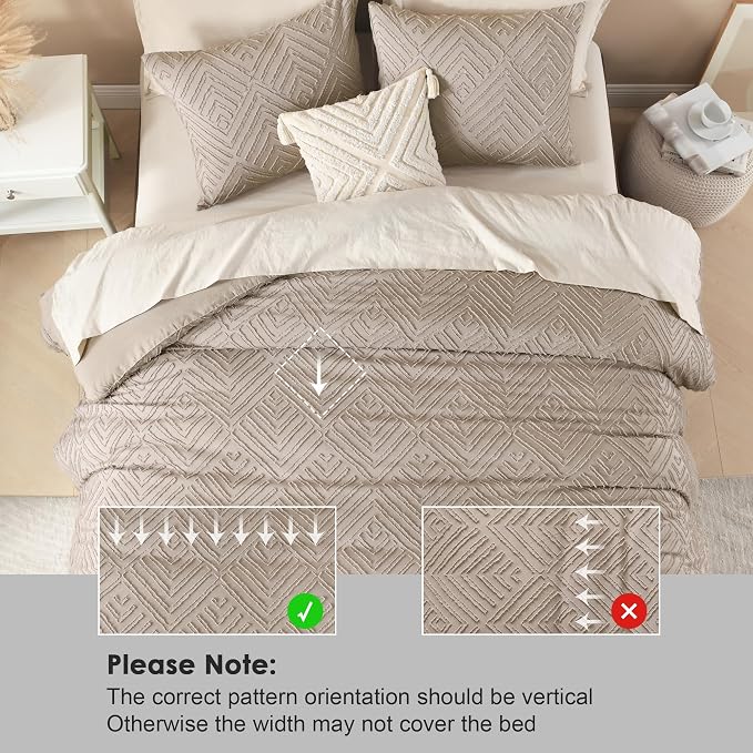 Litanika Super King Plus Comforter Set, 3 Pcs Tufted Boho Bedding Set | Light Coffee Farmhouse Shabby Chic Vintage Bohemian Textured Aesthetic Soft Fluffy Lightweight Breathable All Season Bed Set