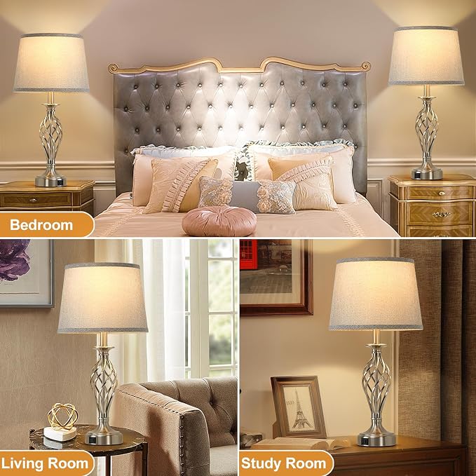 Table Lamp for Bedroom Set of 2 with USB C+A Ports,Modern Night Stand Lamps | Silver Bedside Lamps with Spiral Cage Base,Grey Fabric Shade,Lamp for Living Room Reading Bed Side End Table,Bulbs Included
