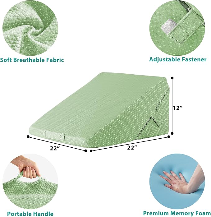 Wedge Pillow for Sleeping, Adjustable 9&12 Inch Foldable Bed Wedge Pillow Set, Orthopedic Memory Foam Triangle Pillows Wedge, 7-in-1 Elevated Pillows for Leg and Back Support, Green