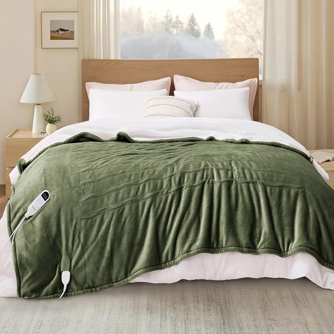 Bedsure Heated Blanket Full Size, Soft Electric Blanket with Preheat, Green | 6 Heat/6 Timer Settings, 8H Auto Shut-Off, ETL/FCC, Flannel Sherpa, Machine Washable, Gifts for Grandma Grandpa, 72x84in