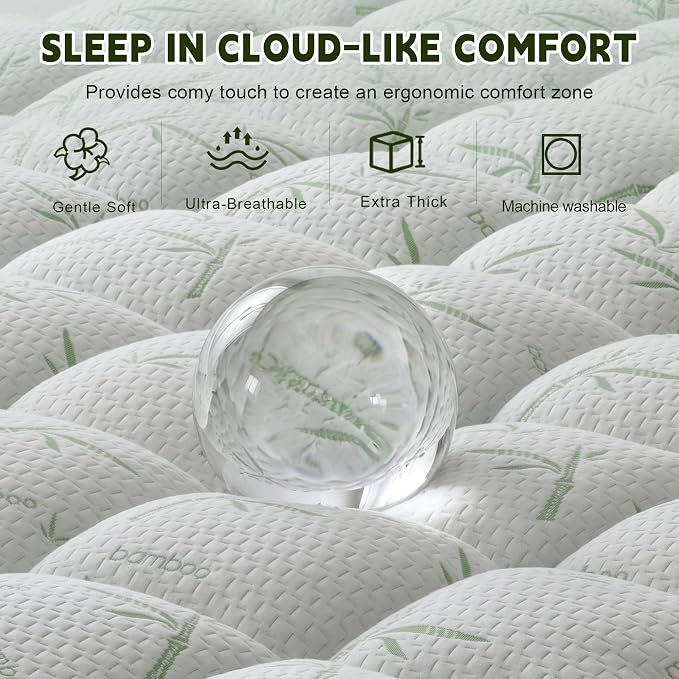 4 Inch Mattress Topper Memory Foam Cooling Bamboo Queen Size Back Pain | Gel Airflow Channels Wick Heat Moisture Orthopedic Support Deep Pocket 360 Edge Fits 8-21 Inch Washable Hypoallergenic Queen