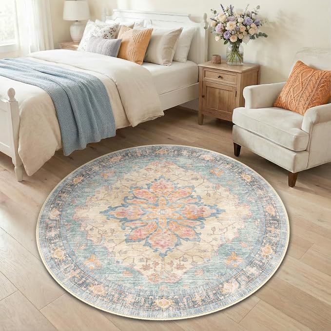 RELEANY Washable Area Rug, Round 4ft, Blue/Orange/Red | Non-Slip, Water Repellent, Pet Friendly, Easy to Clean, Vintage Floral Boho Decor for Living Room Bedroom Dining Room Entry