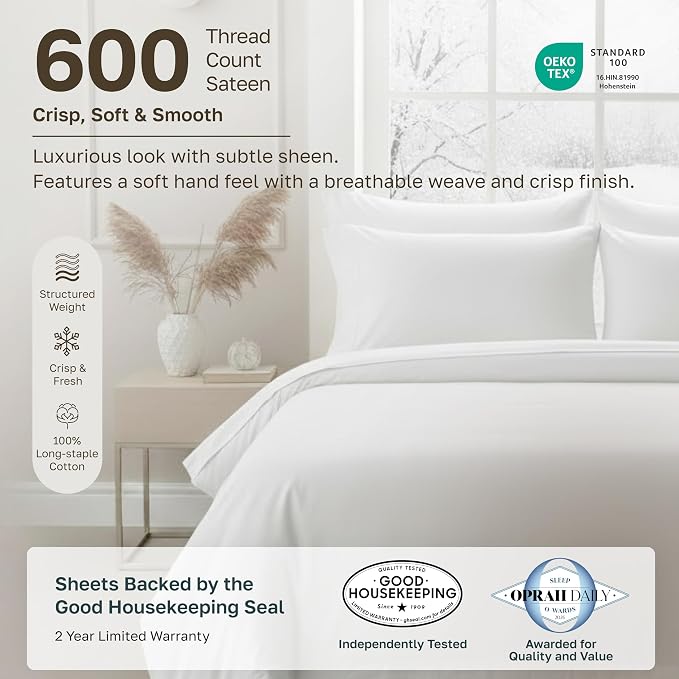 California Design Den 2 Pack 600 Thread Count King Size Sheets Set, White | 100% Cotton Sateen Backed by Good Housekeeping Seal, Soft & Smooth, 16" Deep Pocket, All-Around Elastic, Durable, Easy Care