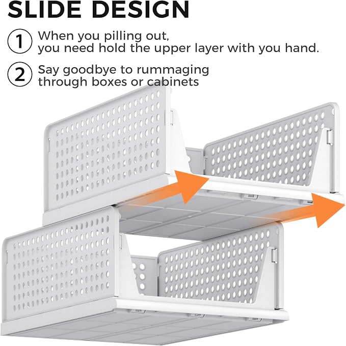 6 Pack Closet Organizer Storage Bins Stackable Plastic Drawer Shelf | Basket for Clothing Stackable Storage Bins Shelf Storage Container for Closet Wardrobe Bedroom Bathroom Office White Foldable