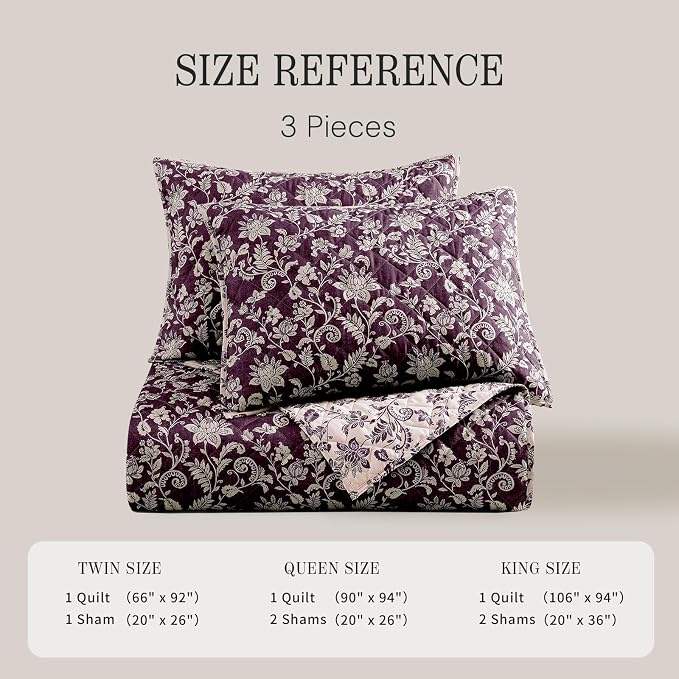 BLOOMHAVEN Queen Quilt Set-3 Pieces Soft Bedding Floral Reversible Coverlet | All Seasons Lightweight Quilts Queen Size for Bed, Breathable Vintage Bedspread with Shams, Italian Plum