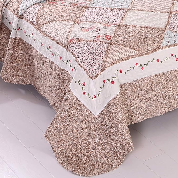 Full/Queen Size Quilt Set Pink Floral Patchwork Bedspreads Bedding Set | VIVILINEN 3-Piece Reversible Quilted Coverlet Lightweight Comforter Queen Bed Sheet Set Cover Blanket with 2 Pillow Shams