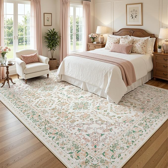 8x10 Area Rugs for Living Room,Large Washable Floral Carpet Pink | Durable Stain Resistant,Kid Pet Friendly,Compatible with All Vacuums,0.25inch Low Pile for Bedroom Dining Room Home Office