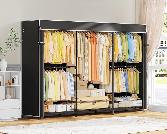 ULIFHOME E14C Max Heavy Duty Closet Organizer System，Freestanding Clothing Racks for Hanging Clothes，Adjustable Garment Rack 86" W × 16" D × 77" H Hold 1060 lbs，Black Rack with Black Cover