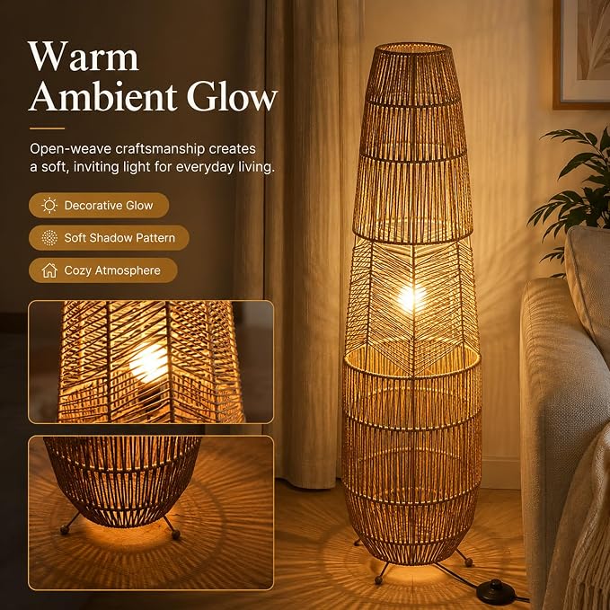 Hand Woven Rattan Floor Lamp,Boho Standing Lamps for Living Room | Handcrafted Wicker Shade,No Assembly Required,Unique Shadow Effects,Foot Switch Control,36 Inch Tall,3 Color Temperature