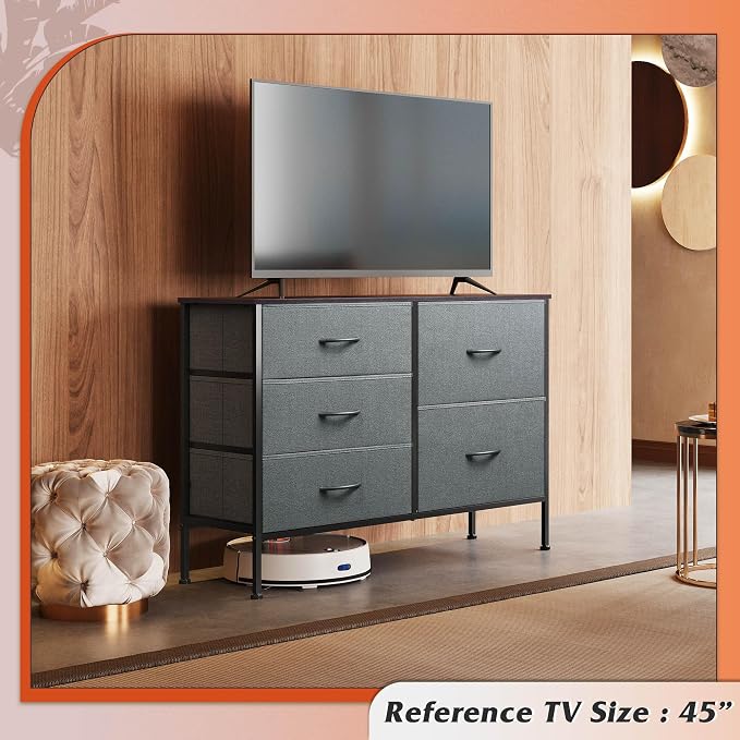 WLIVE 5 Drawer Fabric Dresser for Bedroom, Wide Storage Chest, Dark Grey | 5-drawer wide fabric dresser with steel frame, multipurpose bedroom living room hallway dorm closet storage organizer