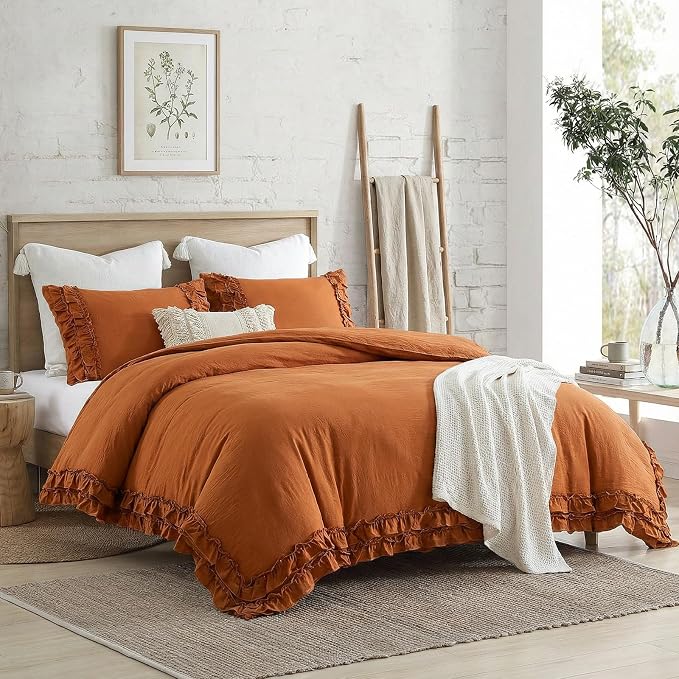 Bedorm Ruffled Twin Duvet Cover Burnt Orange Bedding Set Rust Lace Ruffle Boho Chic Bedroom Decor Super Soft Breathable Pumpkin Duvet Cover Set French Country Style