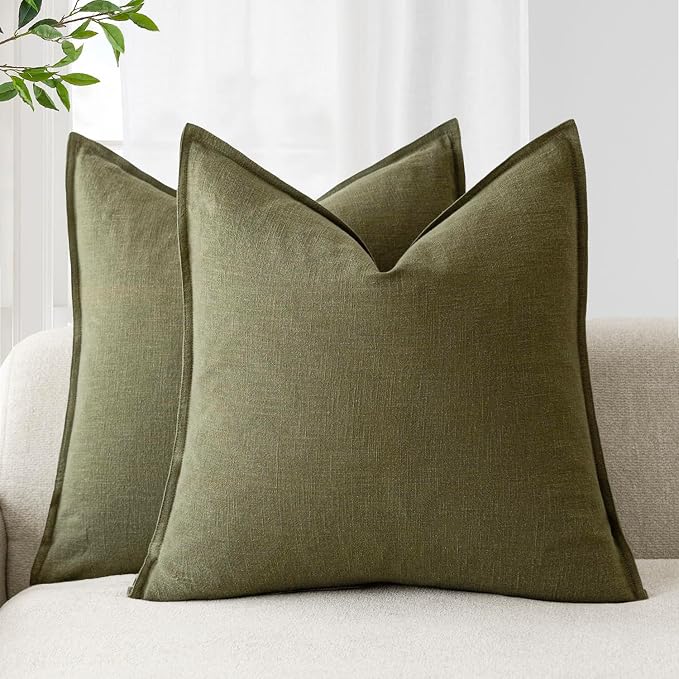 Foindtower Linen Solid Decorative Throw Pillow Covers 18x18 Olive Green | Pack of 2 Boho Farmhouse Neutral Pillowcase,Soft Euro Accent Cushion Covers,Home Decor for Bed Couch Sofa Bedroom Living Room