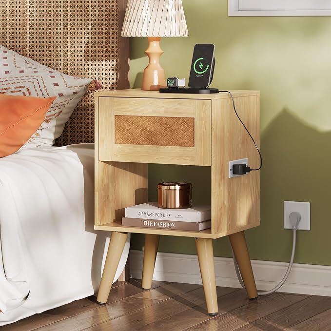 WLIVE Rattan Nightstands Set of 2 with Charging Station, Boho Nightstand, Wood Side Table, Small End Table with Drawers for Bedroom, Natural Oak
