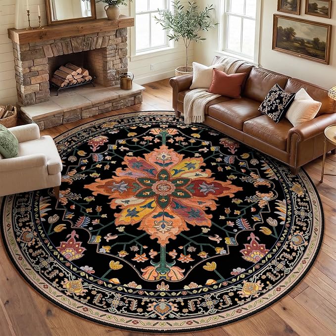 RELEANY Washable Area Rug, Round 8ft, Black/Colorful | Non-Slip, Water Repellent, Pet Friendly, Easy to Clean, Vintage Floral Boho Decor for Living Room Bedroom Dining Room