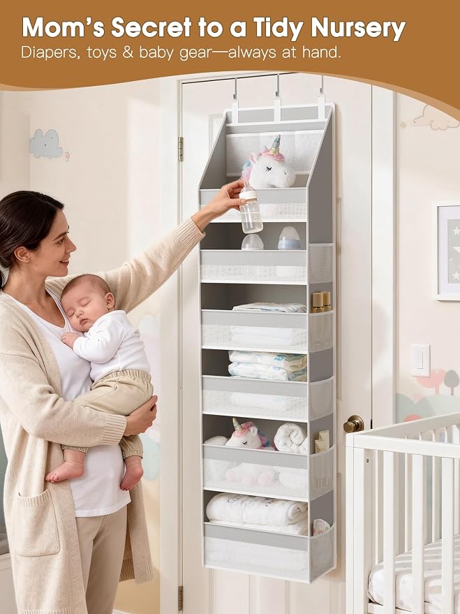 2 Pack Over The Door Organizer, Heavy-Duty 6-Shelf Hanging Storage with 13 Mesh Pockets, 55lbs Capacity Behind The Door Storage for Nursery, Bathroom, Bedroom, and Dorm, Grey