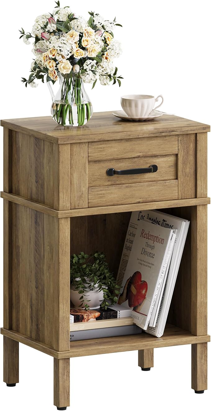Small Brown Night Stand,Rustic End Table,Wood Nightstand with Drawer | Side End Table with Drawer,End Table Living Room,Farmhouse Nightstand,Modern Brown Side Table for Bedroom LET512DR