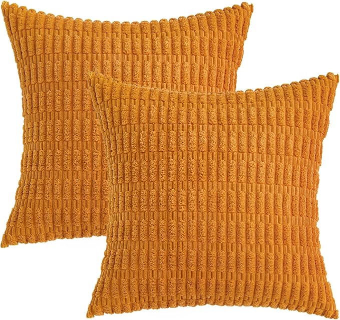 MIULEE Fall Decorative Throw Pillow Covers 16x16 Burnt Orange Pack of 2 | Soft Corduroy Boho Striped Pillow Covers Modern Farmhouse Autumn Home Decor For Sofa Living Room Couch Bed