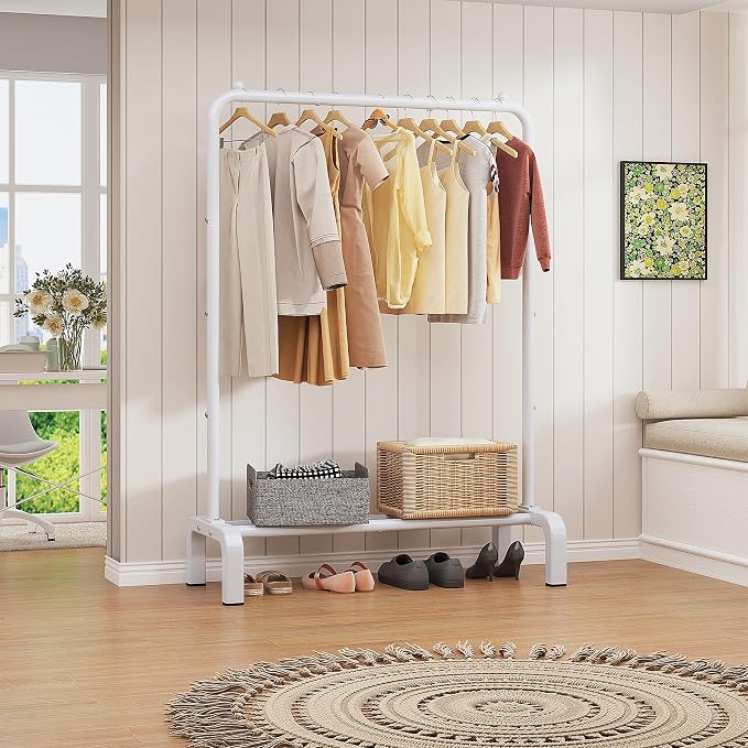 JIUYOTREE Garment Rack Clothing Clothes Rack for Clothes Organizing White | Standard Metal 34 Inches Garment Rack with Bottom Shelf for Hanging Clothes Coats Jackets Shirts Sweaters Jeans White