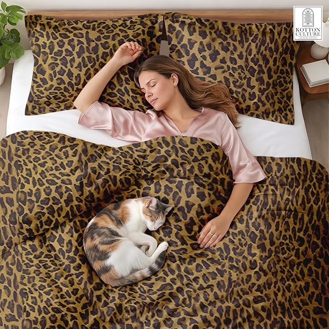 Kotton Culture 3 Pc 120" x 98" Duvet Cover Set Oversized King - Cotton - Soft Primium Cheetah Animal Print Comforter Cover, Zipper Closure & 7 Corner Ties -Fits Large King Inserts -Leopard