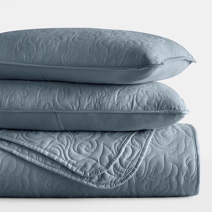 Merit Linens Modern Quilt Coverlet Soft Set in Floral Stitching - Full/Queen Dusk Blue