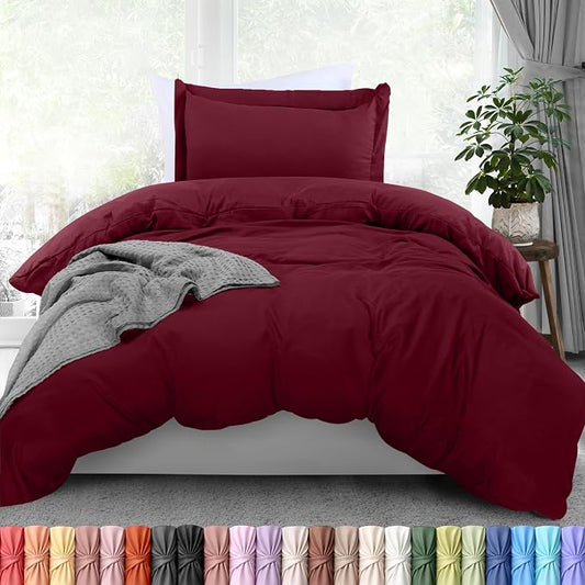Duvet Cover Twin, 3 PC Cotton Like Polyester, Zipper Closure, Burgundy | Extra Soft and Breathable, Wrinkle & Fade Resistant, Includes Duvet Cover and 1 Pillow Sham, Comforter Not Included, OekoTex