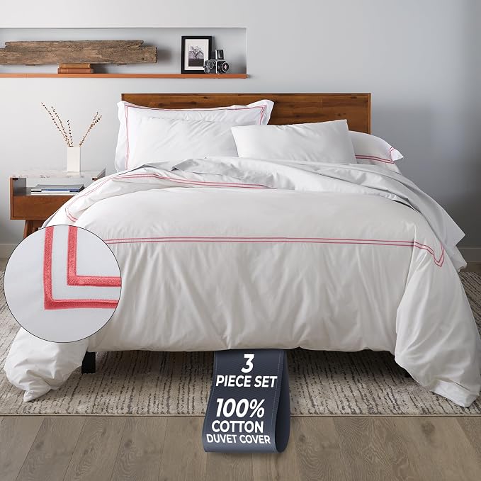 Ella Jayne Duvet Cover Queen 100% Cotton Percale Soft Set Pink Design 3 Pcs | Queen Duvet Cover | Soft Cotton Percale | 90 x 90 Inch Cover | Includes 2 Matching Pillow Shams | Pink Design