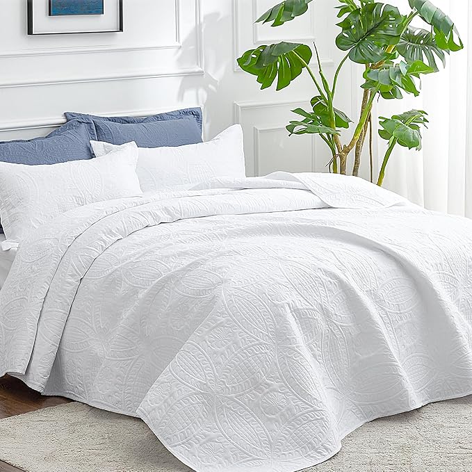 Love's cabin Quilts for Queen Bed White Bedspreads - Soft Bed Summer Quilt Lightweight Microfiber Bedspread- Modern Style Coin Pattern Coverlet for All Season - 3 Piece (1 Quilt, 2 Pillow Shams)
