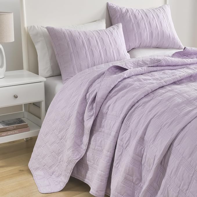 HORIMOTE HOME 100% Cotton Quilt Set Queen Size, Lavender Pre-Washed 3-Piece Bedspread Coverlet Set, Cozy Lightweight Stitching Bedding Cover with 2 Shams in Geometric Pattern for All Season