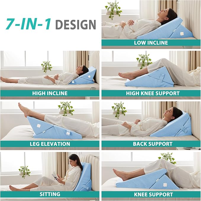 Wedge Pillow for Sleeping, Adjustable 9&12 Inch Foldable Bed Wedge Pillow Set, Orthopedic Memory Foam Triangle Pillows Wedge, 7-in-1 Elevated Pillows for Leg and Back Support, Light Blue