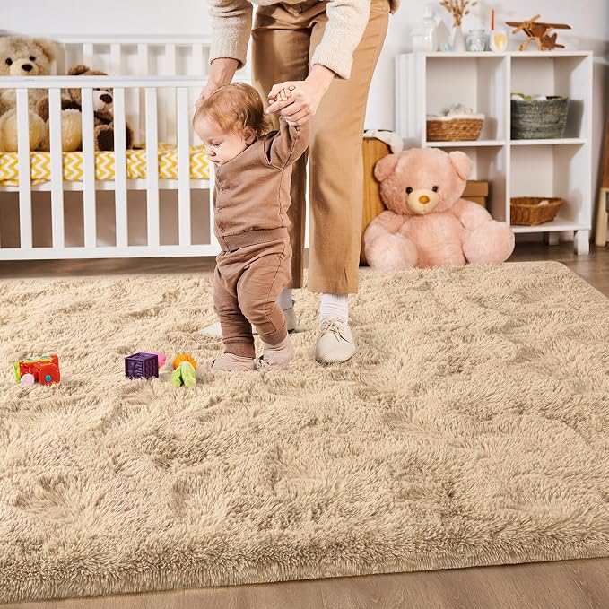 Soft Modern Indoor Large Shaggy Rug for Livingroom Bedroom Dorm Kids Room Home Decor, Non-Slip Plush Fluffy Furry Fur Area Rugs Comfy Nursery Accent Floor Carpet 9x12 Feet, Light Tan