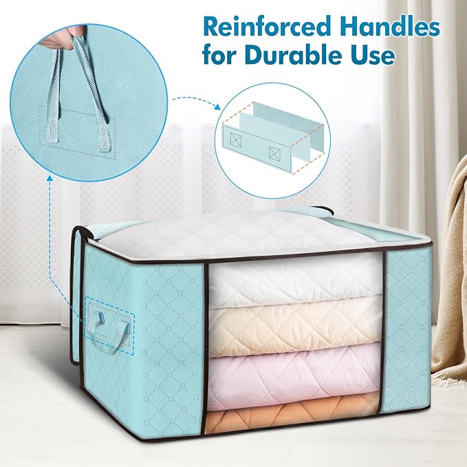 90L Large Storage Bags, 6 Pack Clothes Storage Bins Closet Organizers | Foldable Storage Containers, with Reinforced Handle, for Clothing, Blanket, Comforters, Bed Sheets, Pillows and Toys,Blue