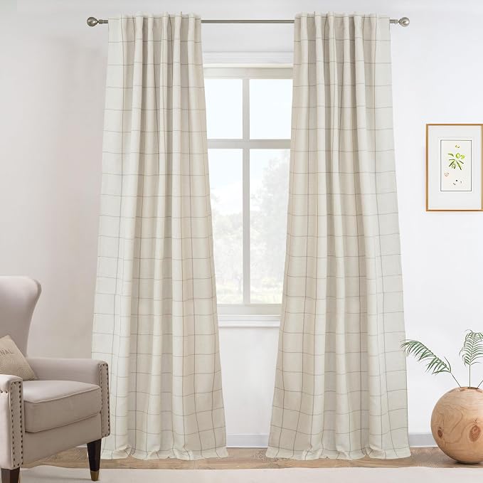 DriftAway 100% Blackout Plaid Linen Curtains 108 Inches Long 2 Panels Taupe | 100% Blackout, Linen Texture, Plaid Pattern, Two Layers, Rod Pocket & Back Tab, Bedroom Living Room Use, Luxury Appearance