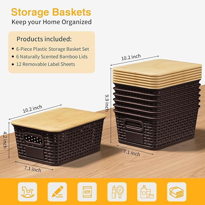 6 Pack Plastic Storage Baskets,Brown bamboo lid storage Box | Labels, Stackable, For Organizing Shelves Pantry Drawers Desktop Closets Organizing Desktop Closet Playroom Classroom