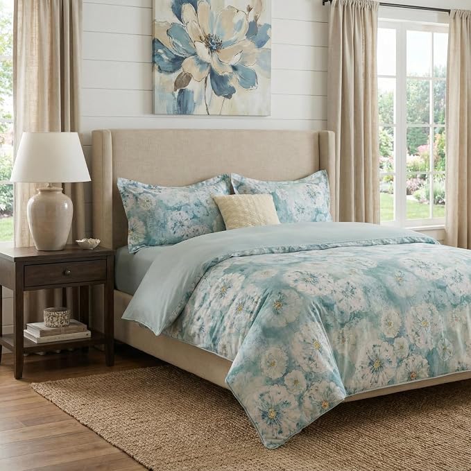 HeimenAogo Egyptian Cotton Duvet Cover Queen Size Sateen Weave, Silky Soft Duvet Cover with Zipper Closure, Long Staple Cotton Bed Linen Watercolor Floral 3 Pcs
