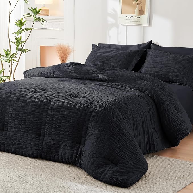 HYMOKEGE Black Full Size Comforter Sets Seersucker 7 Pieces, All Season Luxury Bed in a Bag for Bedroom, Bedding Set with Comforters, Sheets, Pillowcases & Shams