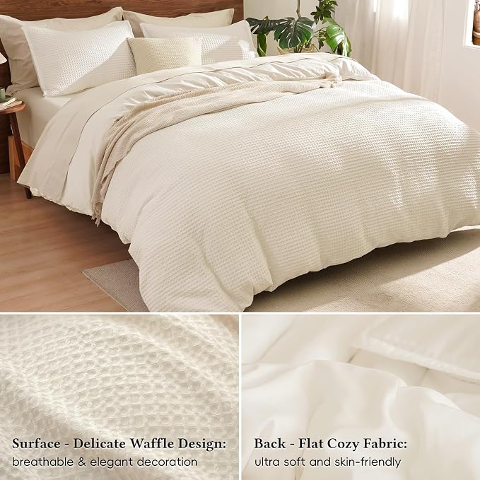 David's Home Textured Waffle Weave Duvet Cover Set, Queen, Cannoli Cream | Breathable Cozy for All Season, 300GSM, 3PCS Home Bedding Decor, OEKO-TEX Certified, Hidden Zipper, 8 Corner Ties, 90" X 90"