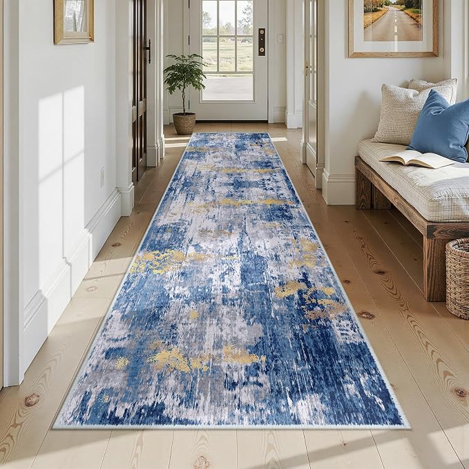 RELEANY Washable Runner 3'x12' Abstract Area Rug for Hallway Blue Gold | Carpet for Kitchen, Entryway, Bathroom, Living Room, Bedroom, Printed Pattern, Non‑Slip, Soft, Stain‑Resistant, Easy to Clean