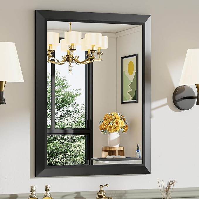 Black Metal Framed Bathroom Wall Mirror, 24x30 Inch | Anti-rust, HD tempered glass, for bathroom vanity, bedroom, living room, horizontal or vertical mount