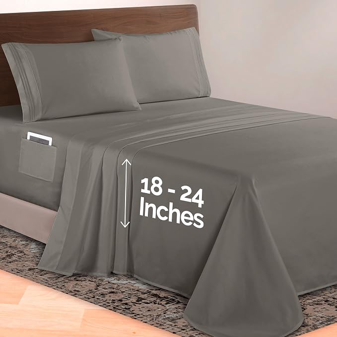 Elegant Comfort Luxurious 1500 Premium Hotel Quality Microfiber 4-Piece Sheet Set, 18-24 Inches Deep - Extra Deep Pocket Sheets - Ultra Soft 4PC Deep Pocket Sheets, Twin/Twin XL, Gray