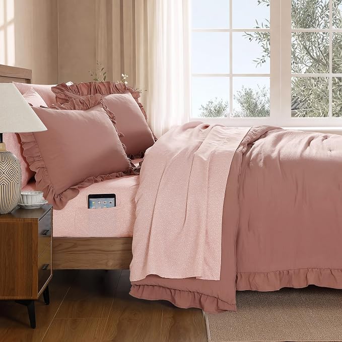Full Size Comforter Sets-7 Pieces Ruffle Bedding Floral Sheet | Pink Lace Bed in a Bag, Soft Lightweight All Season Farmhouse Full Size Bedding Sets with Floral Sheets, Pillowcases & Shams