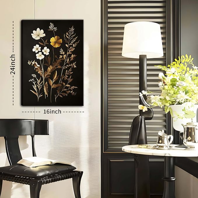 Vintage Black Flower Wall Art Decor Set of 3, Beautiful Wildflower Botanical Canvas Prints, Dark Academia Fall Floral Poster Painting Picture for Bedroom Living Room 16x24 Inch Framed