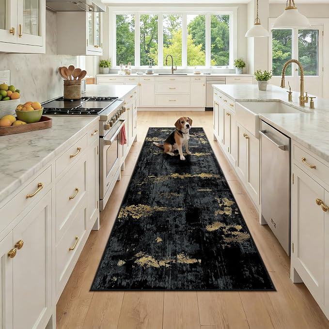 RELEANY Washable Runner 2'6"x8' Abstract Area Rug for Hallway Black Gold | Carpet for Kitchen, Entryway, Bathroom, Living Room, Bedroom, Printed Pattern, Non‑Slip, Soft, Stain‑Resistant, Easy to Clean
