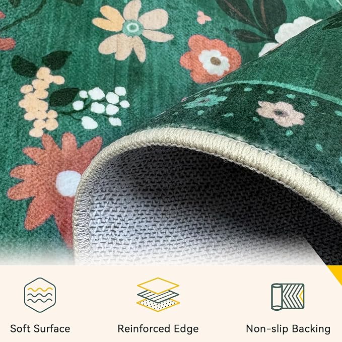 RELEANY Floral Washable 6x9 Area Rugs DarkGreen | Flower Carpet, Print, Boho, Non-Slip, Easy to Clean, Soft, Low Pile for Living Room Bedroom Kitchen Office Entryway Hallway