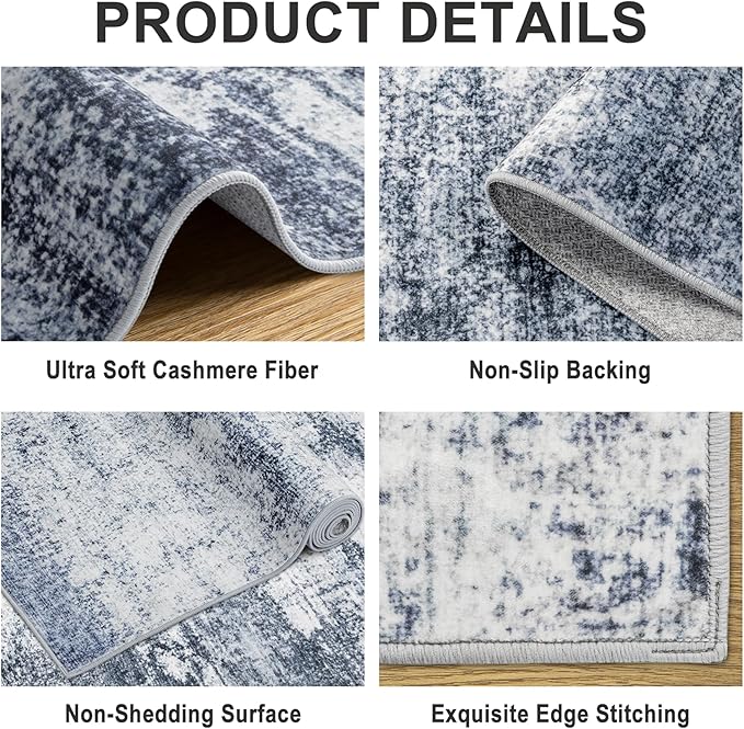 PLHXFR 6x9 Area Rug Living Room: Abstract Washable Carpet Grey Blue | For Bedroom Dining Room Farmhouse Nursery Home,Machine washable,Non Slip,Large Soft Neutral,Stain Resistant, Indoor Floor